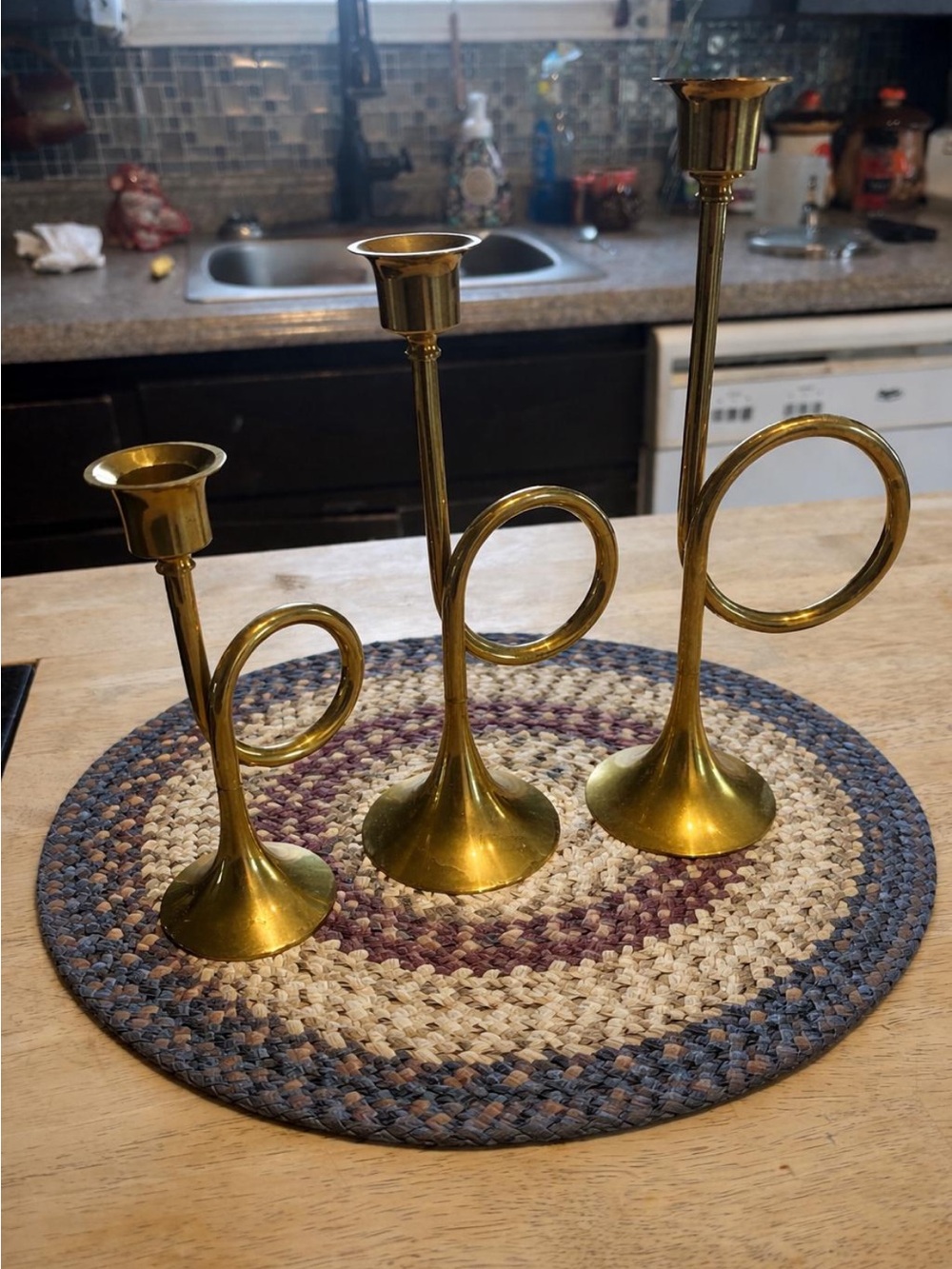 Trio of vintage brass horn candlestick holder’s